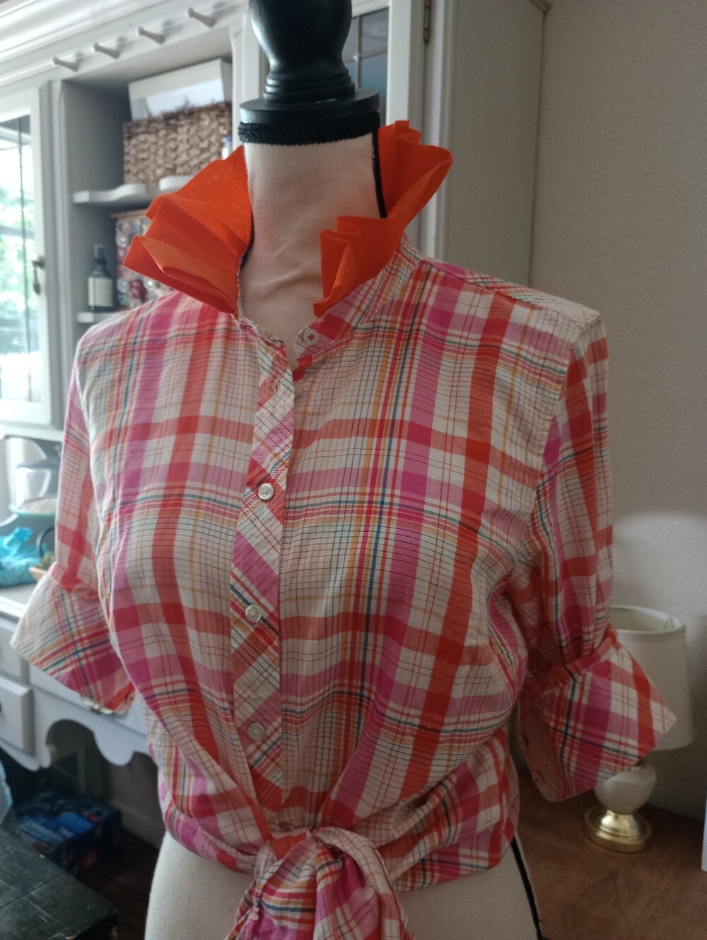 Pink & Orange Plaid Button-Front Tie Waist Shirt